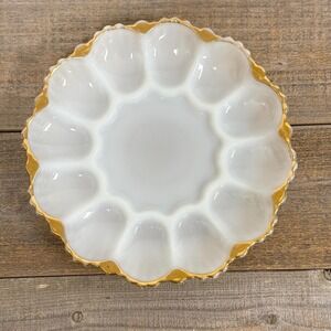 Vintage Anchor Hocking milk glass deviled egg plate with scalloped edges